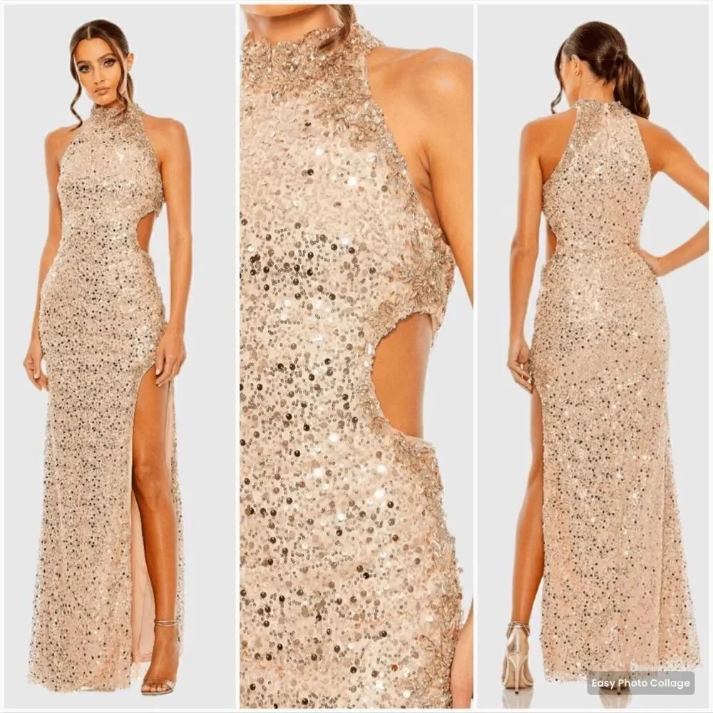 MAC DUGGAL 49679 Rose Gold Side Cut Out High Neck Sequin Gown Dress